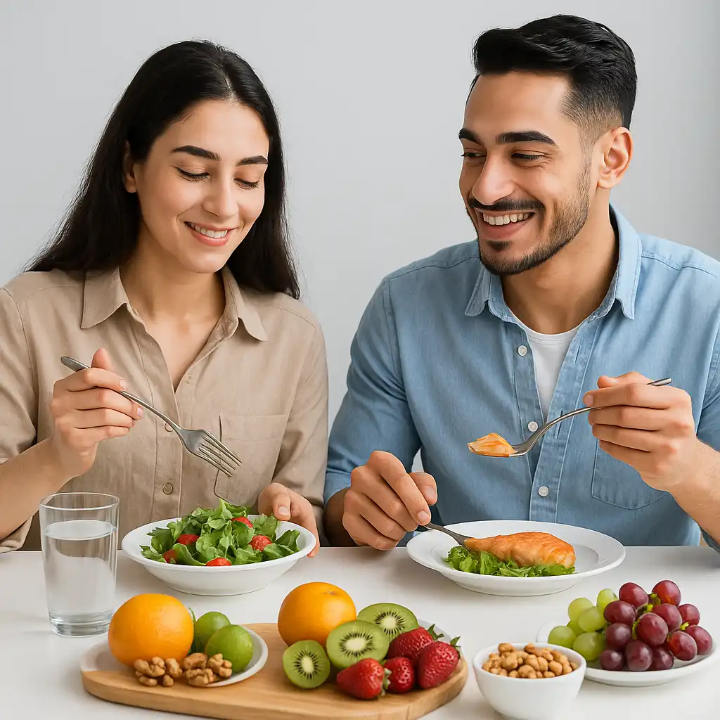 غذاهای سالم مثل ماهی، سالاد و میوه برای مراقبت بعد از لیزر