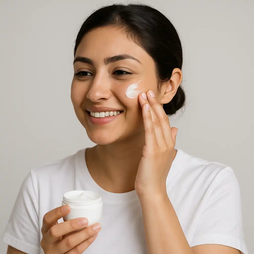 خانم در حال زدن مرطوبکننده سبک روی صورت بعد از لیزر